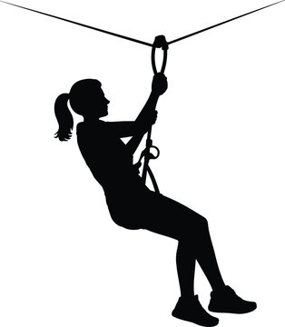 Silhouette of a young girl ziplining on a cable during an outdoor adventure activity over a white background for vector