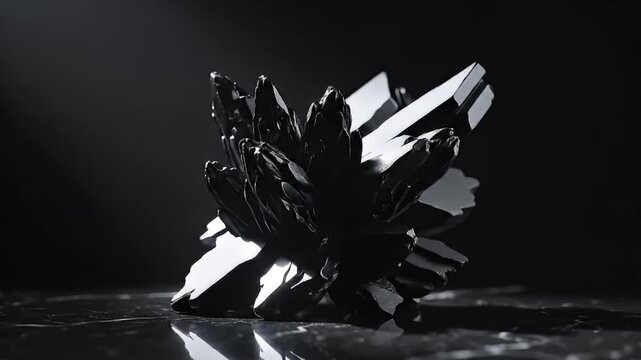 Abstract dark metallic crystal formation with sharp facets on a reflective marbled