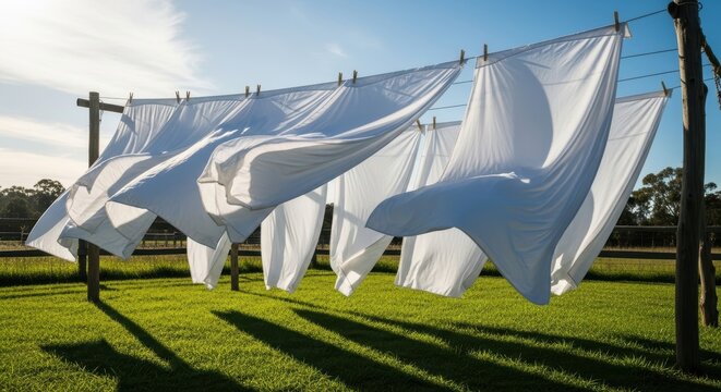 Clean white bed sheets blowing in the wind on an outdoor clothesline