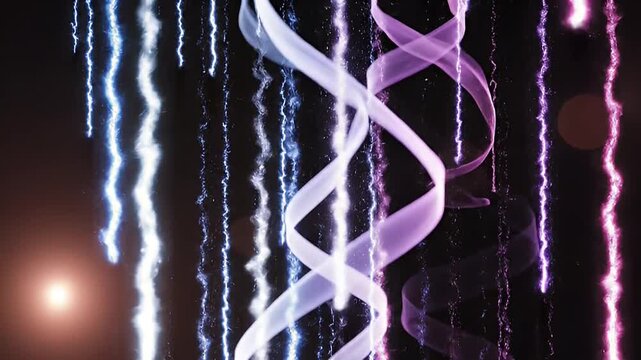 Abstract representation of DNA double helix with glowing particles and ethereal ribbons in blue