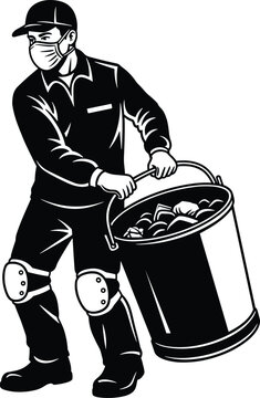 Black and white vector illustration of sanitation worker wearing face mask and kneepads carrying heavy bucket of waste for industrial