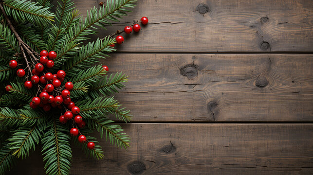 Festive evergreen branches with red berries on rustic wood.