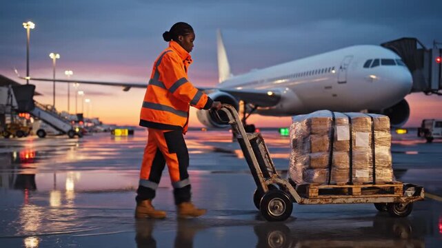 Airport cargo handler at dusk.