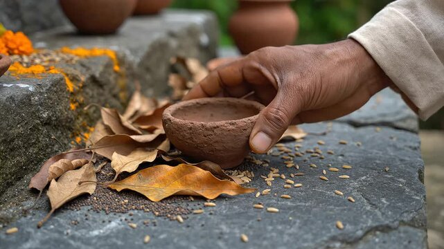 Hand performing a traditional offering ritual by placing a clay pot on a stone surface during an indian hindu festival.