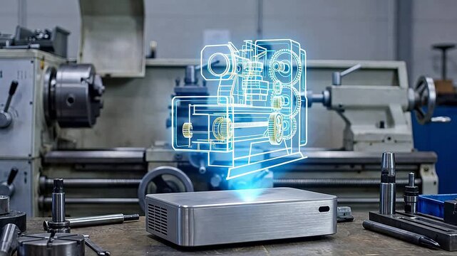 High precision industrial lathe machine blueprint projected as 3d hologram in workshop, mechanical engineering design and automated manufacturing equipment visualization for industry,