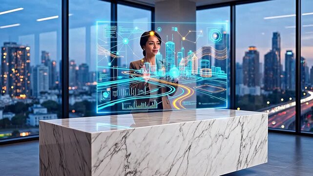 Businesswoman presenting smart city development plans with futuristic holographic interface in office, urban infrastructure and telecommunications network visualization for growth,