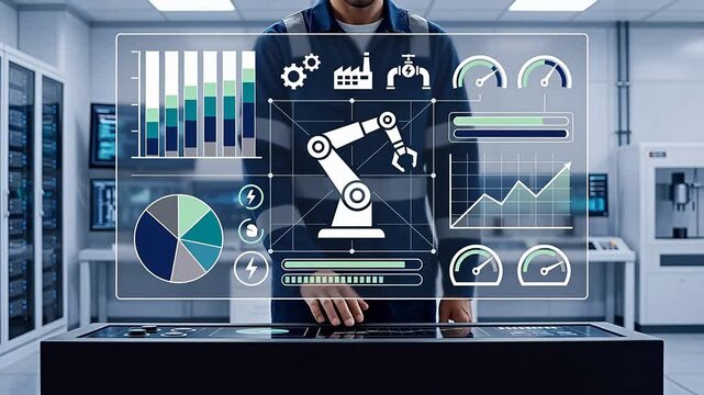 Industrial worker monitoring smart factory performance on digital dashboard with robotic arm, automated production metrics and energy consumption analytics for modern industry,