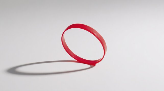 taut. Single red rubber band stretched taut on white background, minimalist tension. wellbeing guides, coaching materials, designed for mental health education and mindfulness programs.