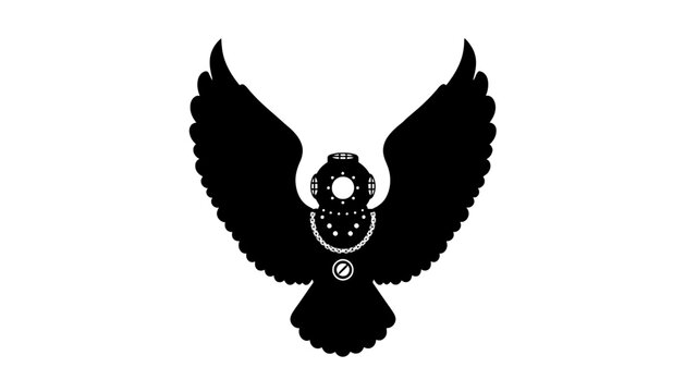 A black eagle icon with a camera on its head in a white background