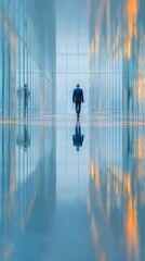 Fototapeta premium Professional Man Walking Through Modern Urban Reflection Corridor