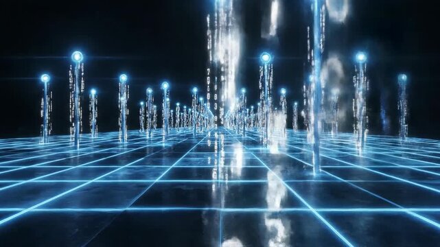 Abstract technology landscape with glowing data streams and grid pattern