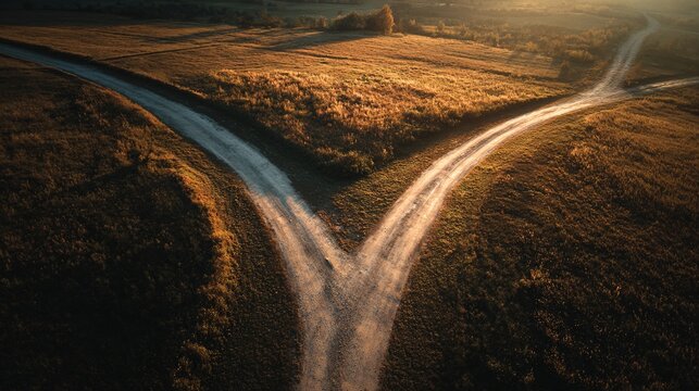 divergence. Aerial view of a diverging path symbolizing life choices, with atmospheric lighting and natural surroundings. wellbeing guides.