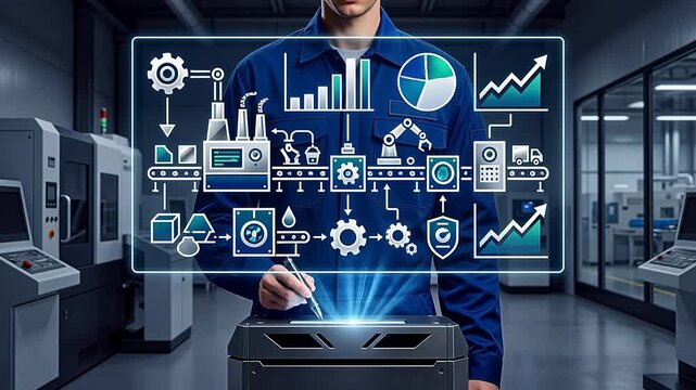 Engineering professional using digital stylus to optimize complex industrial production workflow, analyzing manufacturing data through holographic interface in high-tech facility