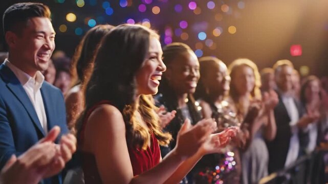Audience claps at event.