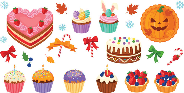 Holiday and Celebration Desserts Collection with Cupcakes Cakes Heart Shaped, Halloween Pumpkin, Bows, and Candy Vector Illustration Set
