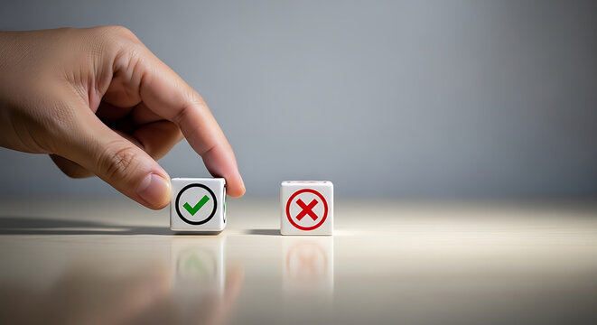 Hand choosing correct option with green checkmark over incorrect red cross on cubes