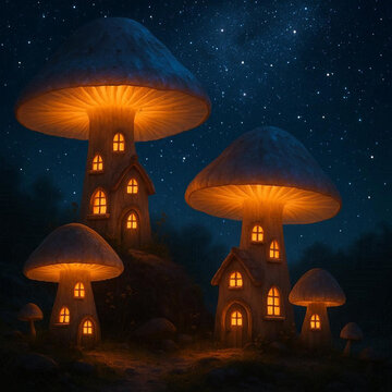 Magical mushroom houses glow under starry night sky