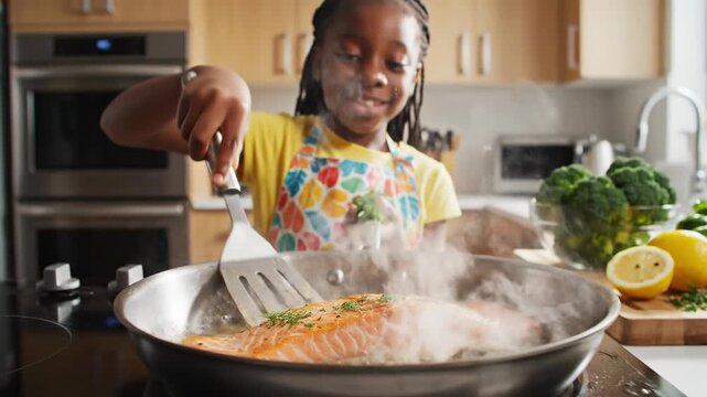 Young girl happily cooking salmon fillet in a pan with fresh herbs in a modern kitchen