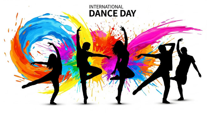 Silhouettes of dancers celebrating international dance day with colorful abstract background