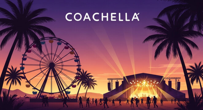 Coachella music festival at sunset with palm trees and ferris wheel