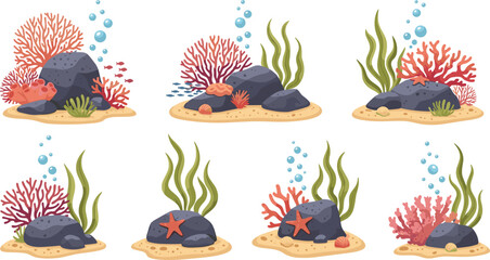 Underwater Coral Reef Collection with Rocks Algae Starfish and Bubbles Ocean Nature Scene Vector Illustration Set © Sanjida