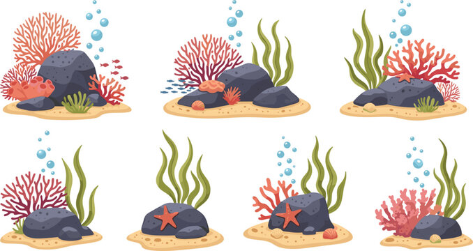 Underwater Coral Reef Collection with Rocks Algae Starfish and Bubbles Ocean Nature Scene Vector Illustration Set