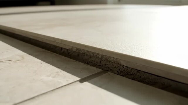 Closeup of large marble tiles with gray grout lines on floor