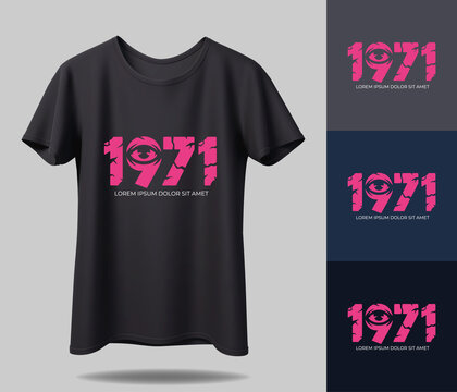 A graphic designer showcases a black t-shirt with a pink 1971 logo on a light gray background with various color options.