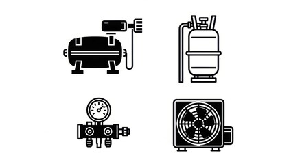 Industrial machinery and HVAC equipment icons set, featuring a powerful air compressor, a pressurized gas cylinder, a precise pressure gauge manifold, and an efficient outdoor condenser unit