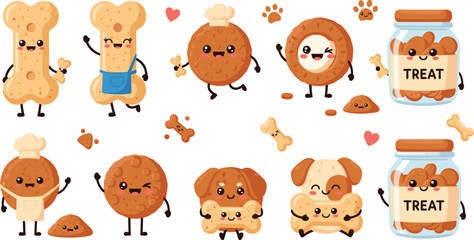 Fototapeta premium Cute Dog Treat and Biscuit Characters Collection with Bone Cookies Jar Snacks Paw Prints Cartoon Vector Illustration Set