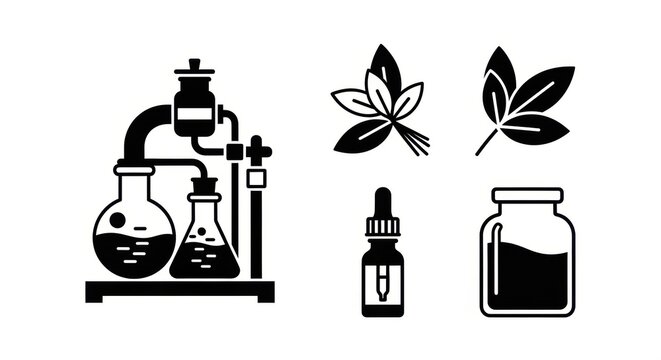 Science lab equipment with plants, essential oil dropper, and liquid jar icons representing chemistry, botany, and natural remedies
