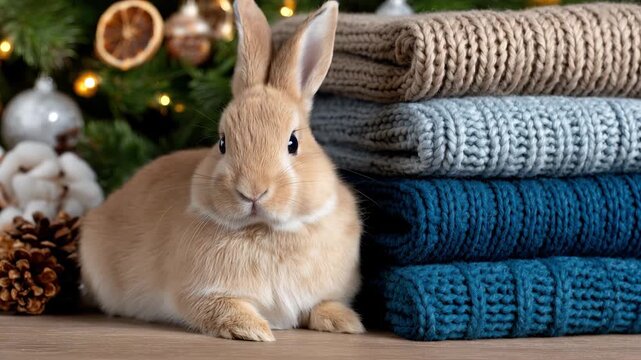 Rabbit sits next to stacked sweaters near a Christmas tree in a cozy indoor setting during the winter season