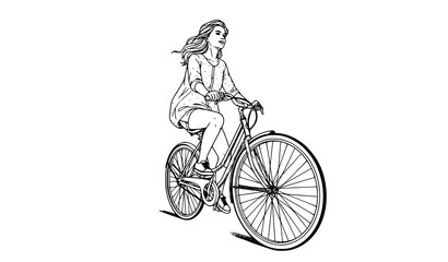 Naklejka premium Black and white girl cycling line art vector illustration detailed female bicycle sketch isolated