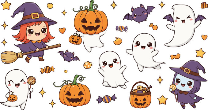 Cute Halloween Ghost and Witch Characters Collection with Pumpkin Candy Bats Stars and Spooky Cartoon Elements Vector Illustration Set
