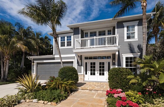 Modern Tropical Two Story House With Palm Trees And Balcony high resolution photo