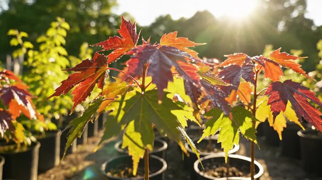 Young Maple Trees with Red and Green Leaves in Sunlight at Nursery