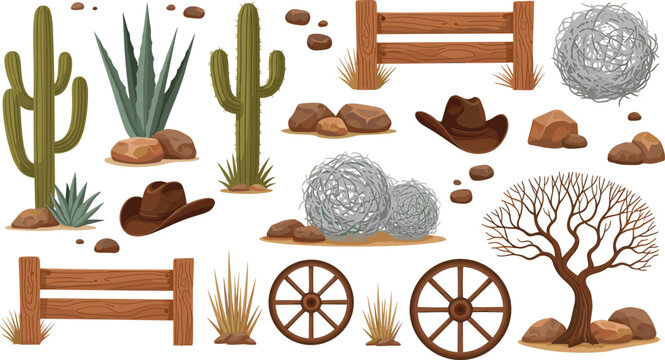 Wild West Desert Elements Collection with Cactus, Wooden Fence, Cowboy Hat, Wagon Wheel, Dry Bush and Landscape Vector Illustration Set