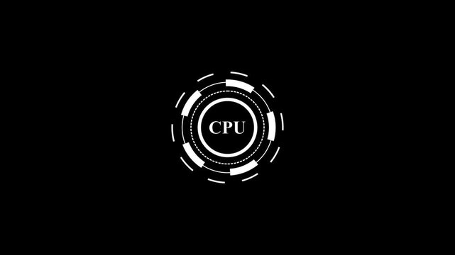 Central processing unit data analysis animated clip with circular hud element cpu text in middle and abstract digital technology information motion graphic on black background