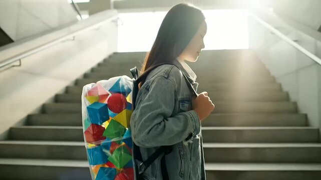 A young woman carries colorful blocks up sunlit stairs, symbolizing growth and resilience for International Youth Day and youth mental health.