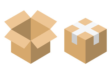 Fototapeta premium 3D Box and packaging vector icon set. Open and silpack box icons. cargo, box, pack, crumpled box, delivery box icons. Openbox delivery symbol. Vector illustration.