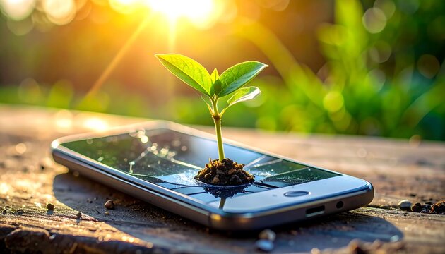 A young sprout emerges from a shattered smartphone screen, bathed in warm sunlight against a blurred natural backdrop