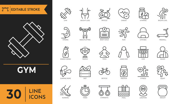 Gym Outline icon set. Editable icon set. Vector illustration