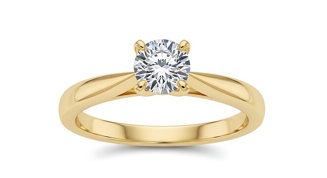 Elegant gold engagement ring with solitaire diamond centerpiece isolated on white background