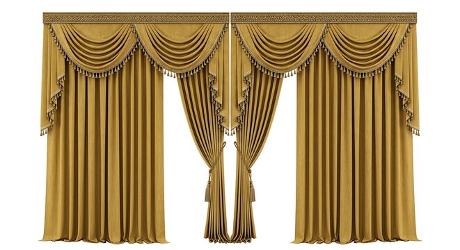 Elegant gold and cream striped double curtains with decorative valances and trim isolated on white background