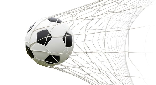 A soccer ball flying towards an empty goal net in mid-air isolated on white background