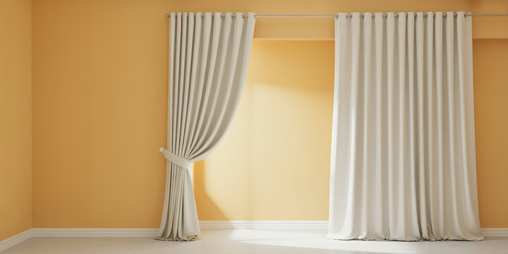 Beige curtains on a peach wall with white baseboards and floor tied curtain