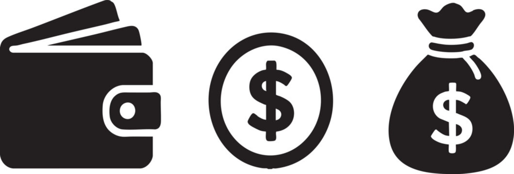 Financial Icons Set: Wallet with Cards, Dollar Coin, and Money Bag on Transparent Background