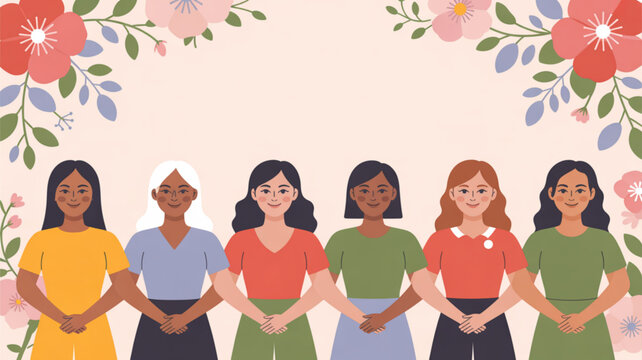 Diverse group of women standing together in unity and solidarity with floral background