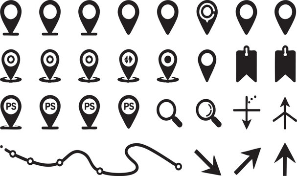 Map Location Pin and Navigation Icon Set Silhouette Isolated on Transparent Background