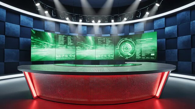 Virtual television studio set design with display screens and lighting